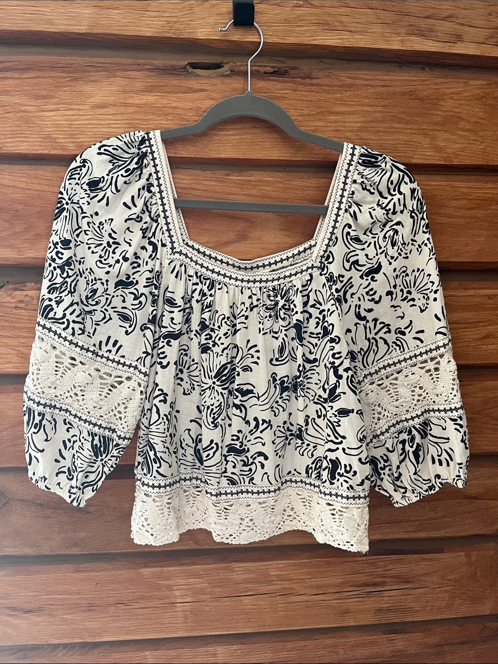 Christian Siriano Cream and Black Square-Neck Embroidered Peasant Blouse